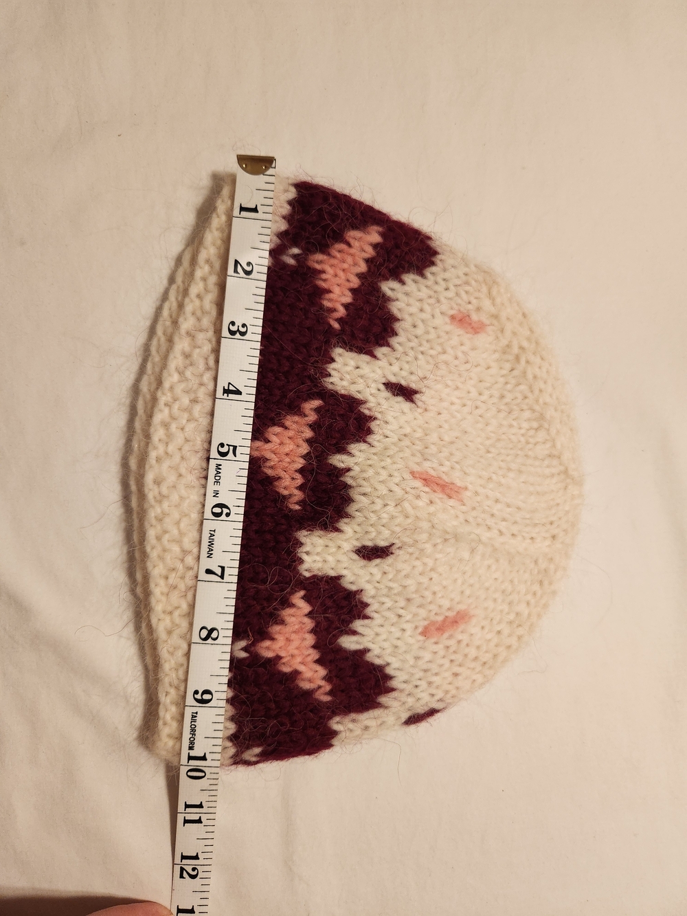 Hand Knit Icelandic 100% Wool Beanie Cream Burgundy Pink Women’s - Picture 5 of 6